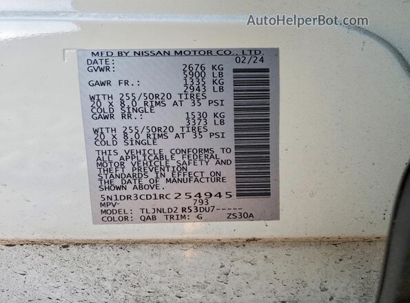 5N1DR3CD1RC254945 2024 NISSAN PATHFINDER Белый Вид наклейки с VIN-кодом