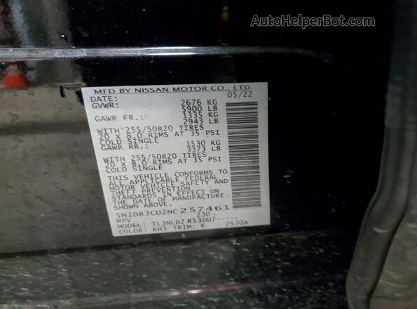 5N1DR3CD2NC257461 2022 NISSAN PATHFINDER Черный Вид наклейки с VIN-кодом
