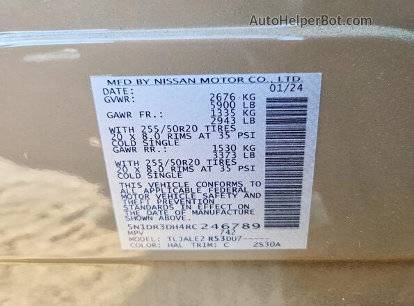 5N1DR3DH4RC246789 2024 NISSAN PATHFINDER Brown Widok naklejki z numerem VIN
