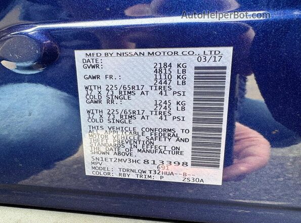 5N1ET2MV3HC813398 2017 NISSAN ROGUE Blue Հետևի նստատեղերի տեսք