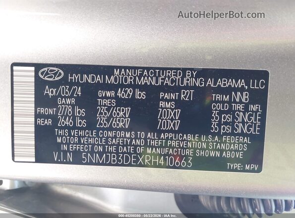 5NMJB3DEXRH410663 2024 HYUNDAI TUCSON Серебряный Вид подкапотного пространства