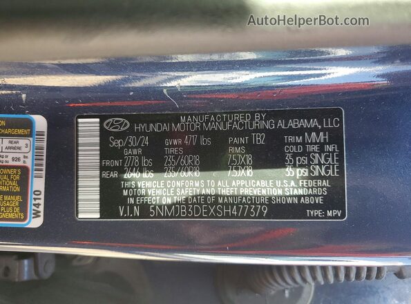 5NMJB3DEXSH477379 2025 HYUNDAI TUCSON Blue Vista del compartimento del motor
