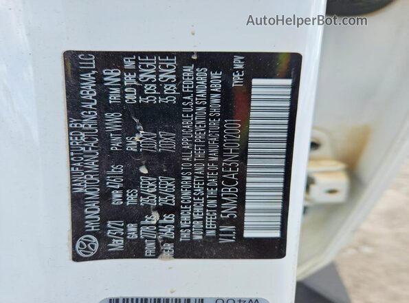 5NMJBCAE3NH012001 2022 HYUNDAI TUCSON Белый Вид наклейки с VIN-кодом
