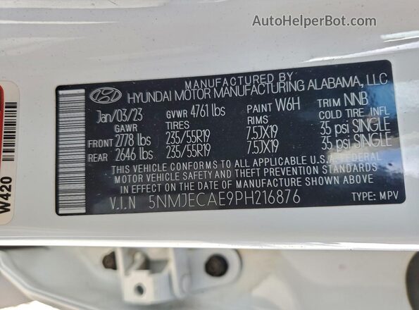 5NMJECAE9PH216876 2023 HYUNDAI TUCSON Белый Панорамный вид салона 360°