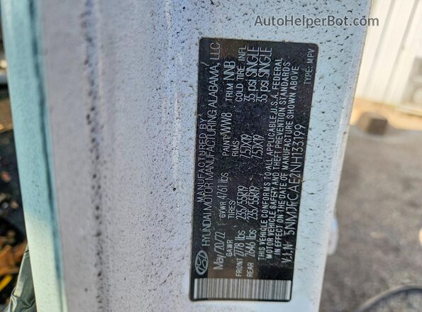 5NMJFCAE2NH133199 2022 HYUNDAI TUCSON White Вид наклейки з VIN-кодом