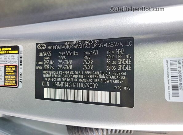 5NMP14G17TH079009 2026 HYUNDAI SANTA Серебряный Вид наклейки с VIN-кодом