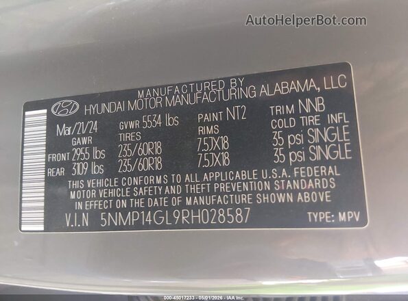 5NMP14GL9RH028587 2024 HYUNDAI SANTA FE Серый Вид подкапотного пространства