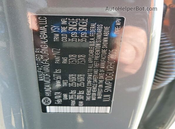 5NMP1DGLXRH012205 2024 HYUNDAI SANTA Серый Вид наклейки с VIN-кодом