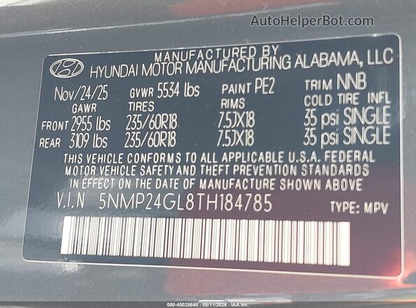 5NMP24GL8TH184785 2026 HYUNDAI SANTA FE Серый Вид подкапотного пространства
