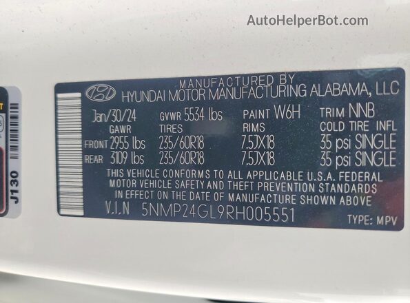 5NMP24GL9RH005551 2024 HYUNDAI SANTA Белый Вид наклейки с VIN-кодом