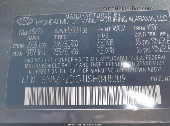 5NMP2DG11SH048009 2025 HYUNDAI SANTA FE HYBRID Green Вид підкапотного простору