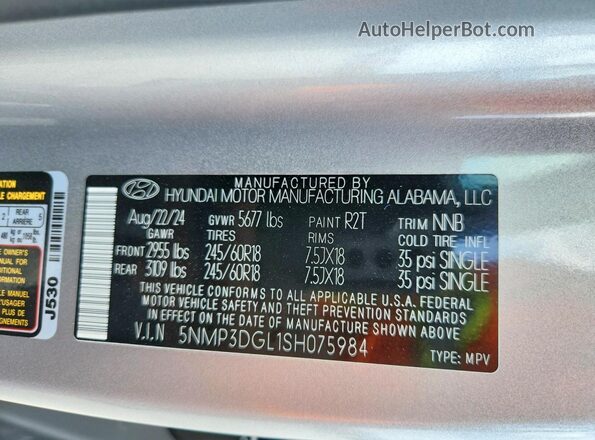 5NMP3DGL1SH075984 2025 HYUNDAI SANTA Gray Vista de la etiqueta del VIN