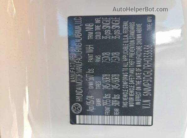 5NMP3DGL7RH033636 2024 HYUNDAI SANTA White Вид наклейки з VIN-кодом
