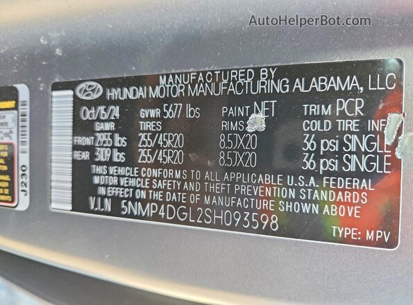5NMP4DGL2SH093598 2025 HYUNDAI SANTA Gray Vista de la etiqueta del VIN