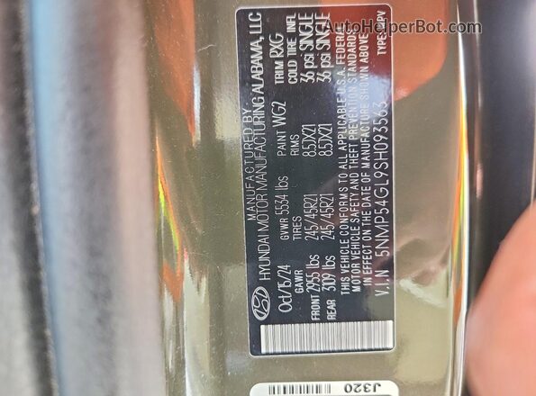 5NMP54GL9SH093563 2025 HYUNDAI SANTA FE CALLIGRAPHY Зеленый Вид наклейки с VIN-кодом