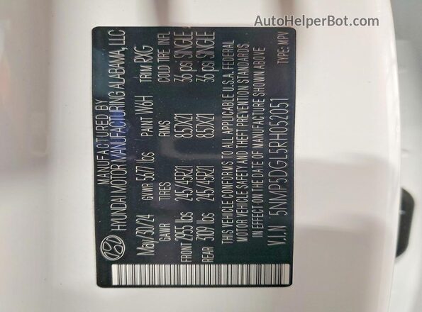 5NMP5DGL5RH052051 2024 HYUNDAI SANTA FE CALLIGRAPHY Белый Вид наклейки с VIN-кодом