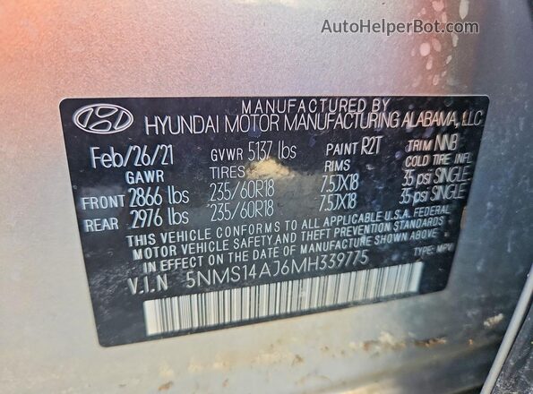 5NMS14AJ6MH339775 2021 HYUNDAI SANTA Gray Вид наклейки з VIN-кодом