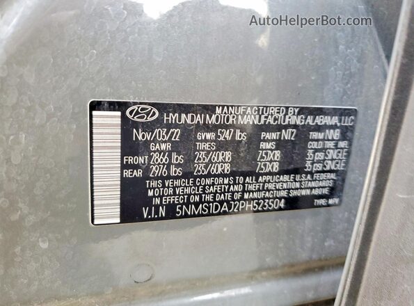 5NMS1DAJ2PH523504 2023 HYUNDAI SANTA Gray VIN კოდის სტიკერის ხედი