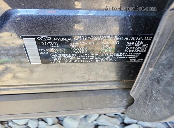 5NMS1DAJ4NH380925 2022 HYUNDAI SANTA Угольный Вид наклейки с VIN-кодом