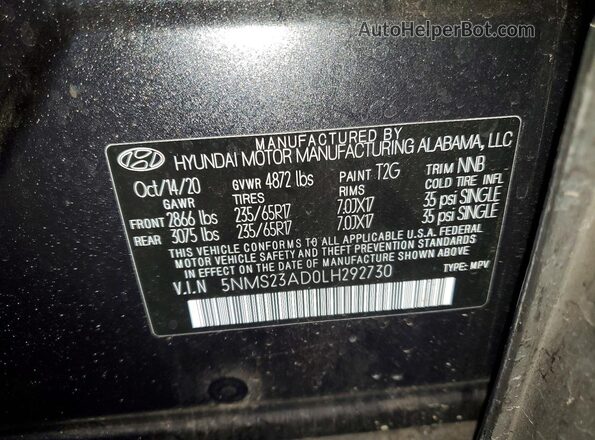5NMS23AD0LH292730 2020 HYUNDAI SANTA Черный Вид наклейки с VIN-кодом