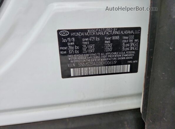 5NMS23AD2KH006519 2019 HYUNDAI SANTA White Вид наклейки з VIN-кодом