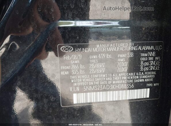 5NMS23AD3KH088356 2019 HYUNDAI SANTA FE Черный Вид подкапотного пространства