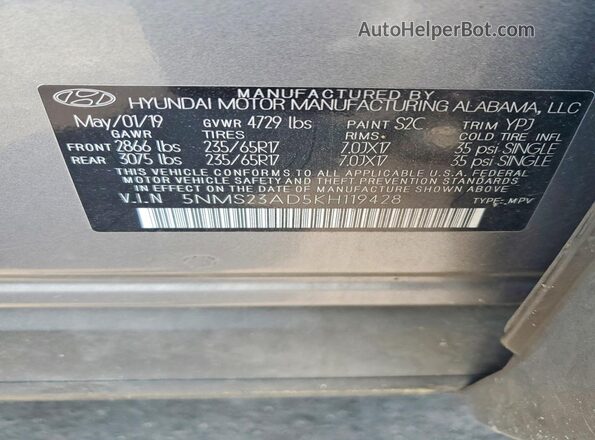 5NMS23AD5KH119428 2019 HYUNDAI SANTA Gray სალონის 360-გრადუსიანი ხედი