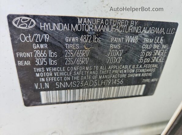 5NMS23AD5LH191456 2020 HYUNDAI SANTA Белый Вид наклейки с VIN-кодом