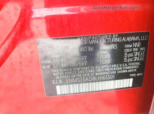 5NMS23AD8LH165501 2020 HYUNDAI SANTA Красный Вид наклейки с VIN-кодом