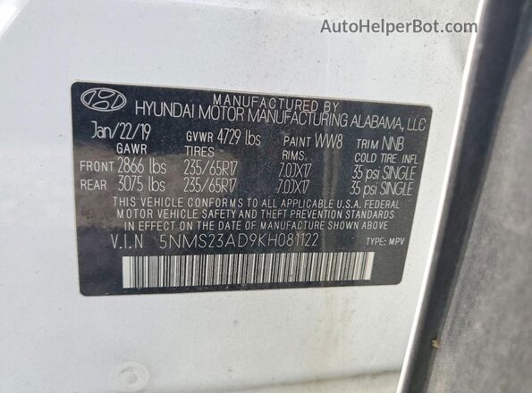 5NMS23AD9KH081122 2019 HYUNDAI SANTA Белый Вид наклейки с VIN-кодом