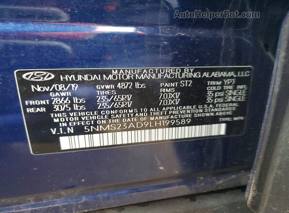 5NMS23AD9LH199589 2020 HYUNDAI SANTA Синий Вид наклейки с VIN-кодом