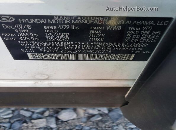 5NMS23ADXKH070226 2019 HYUNDAI SANTA White Вид наклейки з VIN-кодом