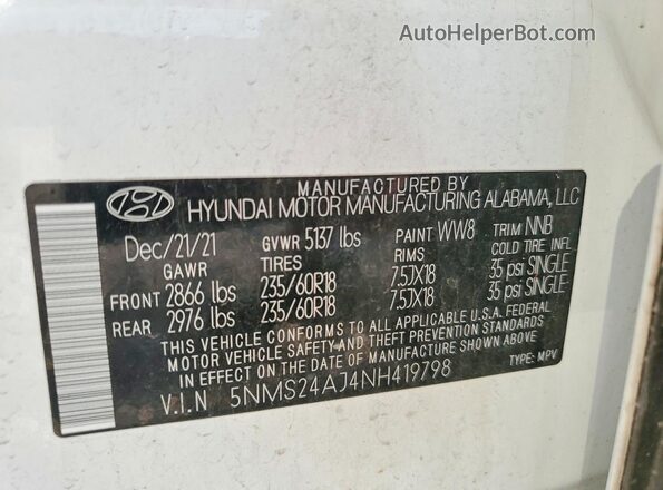 5NMS24AJ4NH419798 2022 HYUNDAI SANTA White Widok naklejki z numerem VIN