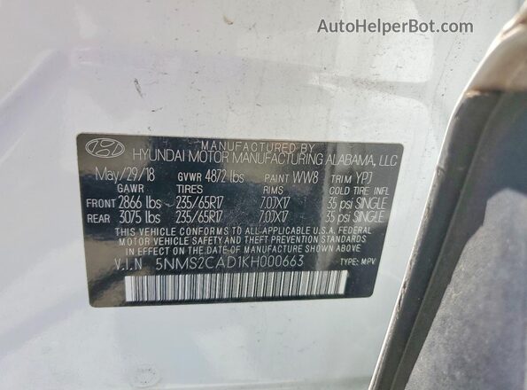 5NMS2CAD1KH000663 2019 HYUNDAI SANTA Белый Вид наклейки с VIN-кодом