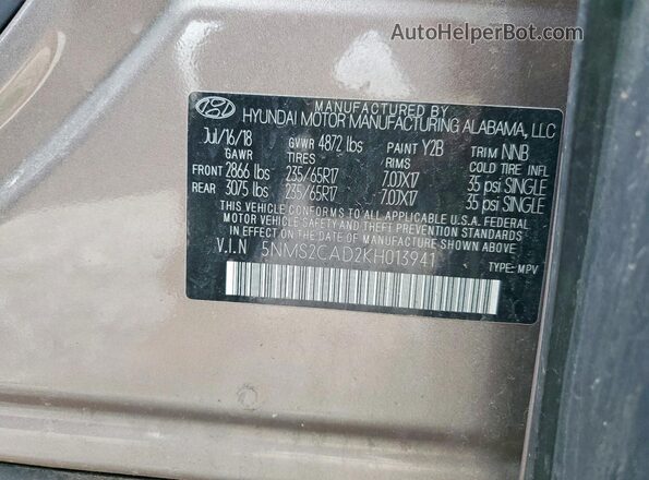 5NMS2CAD2KH013941 2019 HYUNDAI SANTA Желто-коричневый Вид наклейки с VIN-кодом