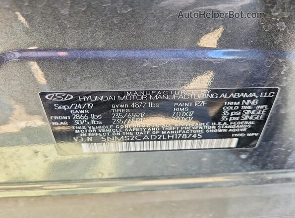 5NMS2CAD2LH178745 2020 HYUNDAI SANTA Gray Widok naklejki z numerem VIN
