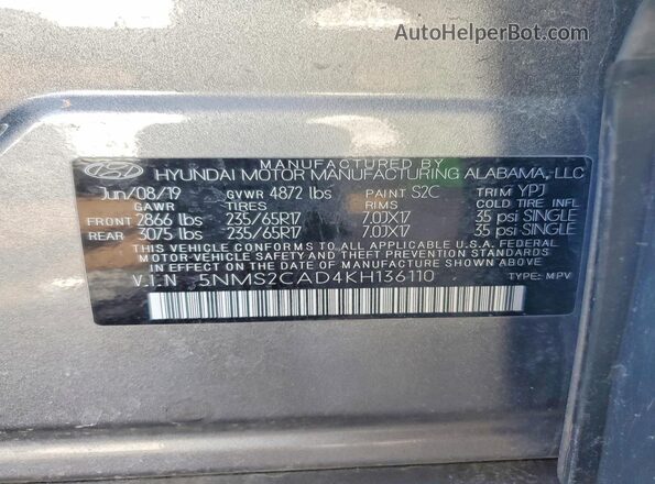 5NMS2CAD4KH136110 2019 HYUNDAI SANTA Серый Вид подкапотного пространства