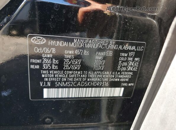5NMS2CAD5KH049316 2019 HYUNDAI SANTA Черный Вид подкапотного пространства
