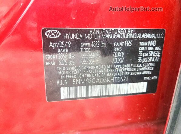 5NMS2CAD5KH110521 2019 HYUNDAI SANTA Red Вид наклейки з VIN-кодом