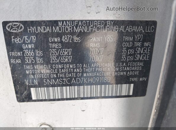 5NMS2CAD7KH091180 2019 HYUNDAI SANTA FE Серебряный Вид подкапотного пространства