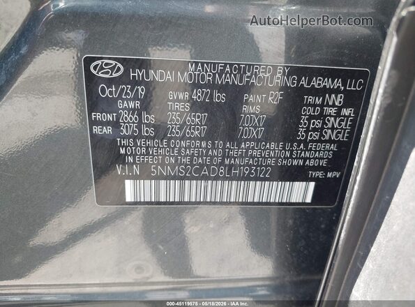 5NMS2CAD8LH193122 2020 HYUNDAI SANTA FE Зеленый Вид подкапотного пространства