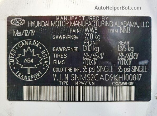 5NMS2CAD9KH100817 2019 HYUNDAI SANTA White VIN კოდის სტიკერის ხედი