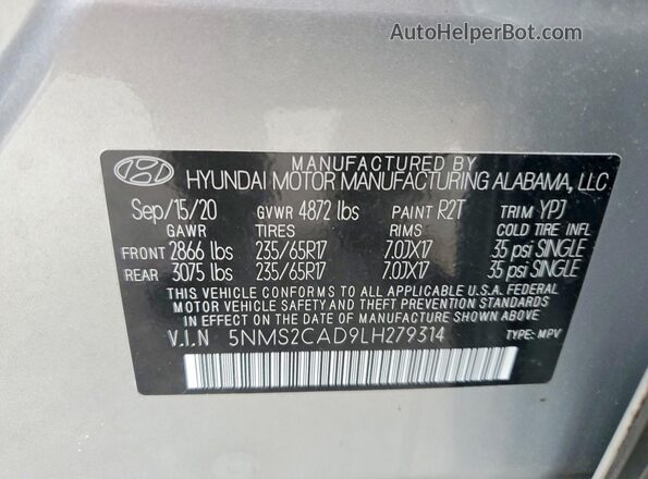 5NMS2CAD9LH279314 2020 HYUNDAI SANTA Серебряный Вид наклейки с VIN-кодом