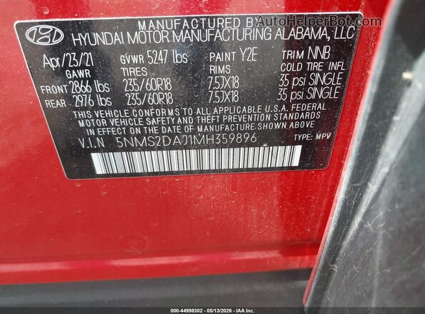 5NMS2DAJ1MH359896 2021 HYUNDAI SANTA FE Красный Вид подкапотного пространства