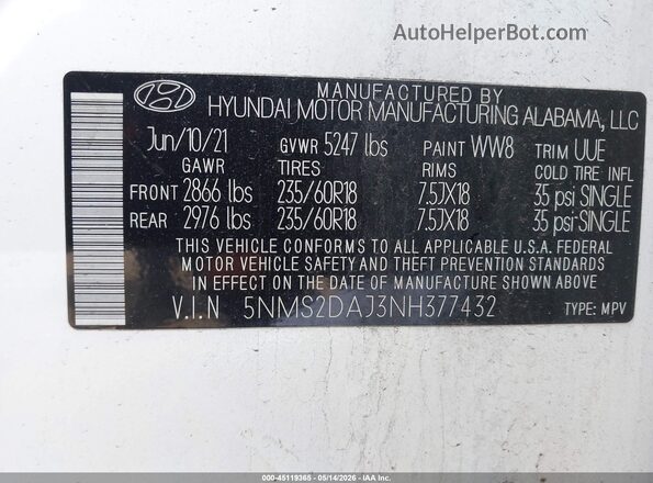 5NMS2DAJ3NH377432 2022 HYUNDAI SANTA FE White Widok komory silnika