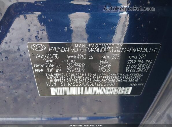 5NMS33AA5LH260908 2020 HYUNDAI SANTA FE Blue ძრავის განყოფილების ხედი
