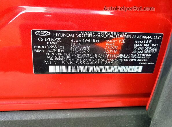 5NMS33AA6LH288362 2020 HYUNDAI SANTA Красный Панорамный вид салона 360°