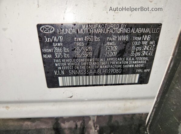 5NMS33AA8LH139080 2020 HYUNDAI SANTA Белый Вид наклейки с VIN-кодом