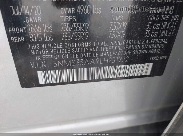 5NMS33AA9LH251922 2020 HYUNDAI SANTA FE Серый Вид подкапотного пространства