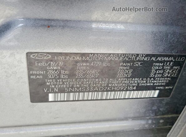 5NMS33AD2KH092184 2019 HYUNDAI SANTA Gray Вид наклейки з VIN-кодом